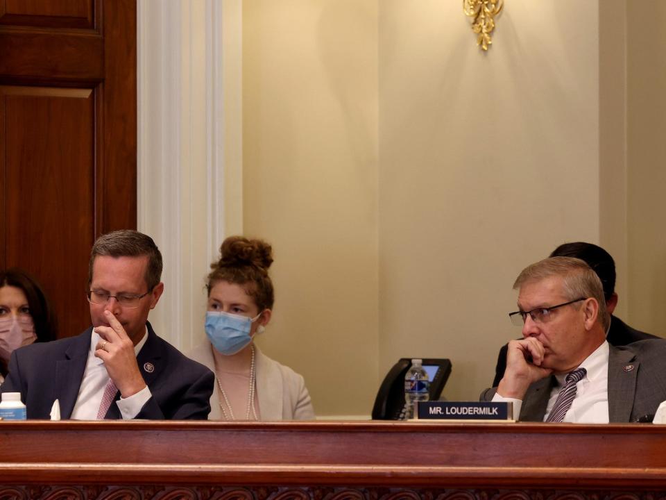 Republican Reps. Rodney Davis of Illinois and Barry Loudermilk of Georgia at a House Administration subcommittee meeting in June 2021.