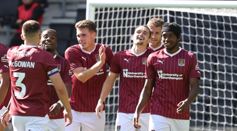  Northampton Town season preview 2023/24  Ben Fox of Northampton Town is congratulated by team mates after scoring his sides third goal during the Pre-Season Friendly between Milton Keynes Dons and Northampton Town at stadium:mk on July 29, 2023 in Milton Keynes, England. (Photo by Pete Norton/Getty Images) 