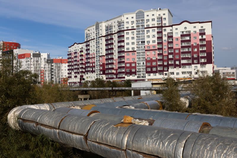 A general view of pipelines laid above the ground in the town of Yakutsk