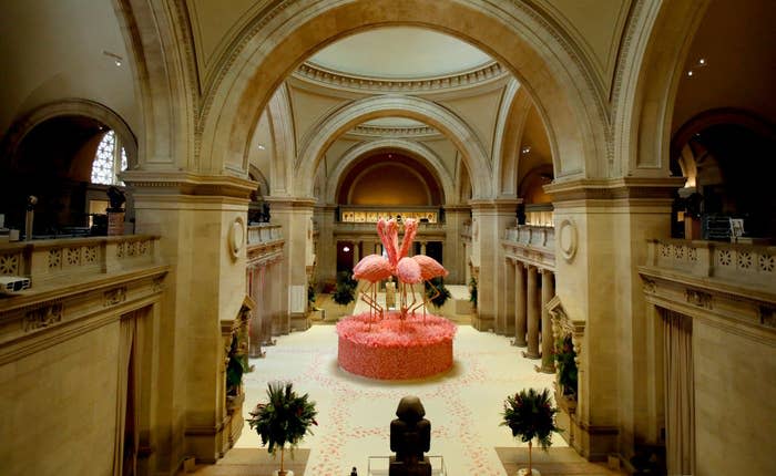 View of the Met with a pink flamingo centerpiece.