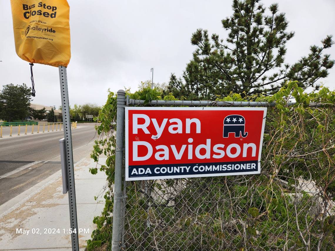 Ada County commissioner candidate Clyde Dornier has gone after incumbent Commissioner Ryan Davidson for reusing campaign signs from 2020, paid for by a PAC that has endorsed Dornier in this election. On Thursday afternoon, two days after the county’s deadline for Davidson to remove the signs, Dornier’s campaign manager photographed more than a dozen still in place, including this one at Fairview and North Orchard Streets.