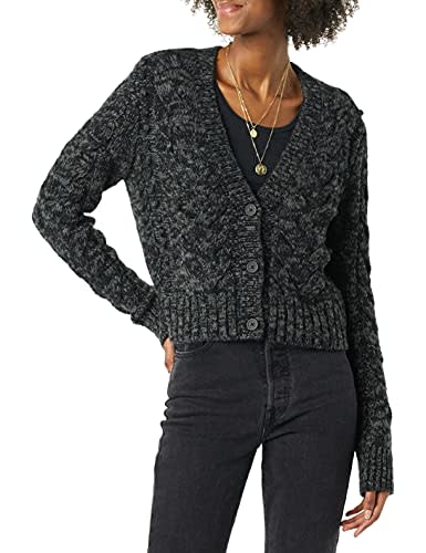 Goodthreads Women's Marled Long-Sleeve Fisherman Cable Cardigan Sweater, Black Marl, X-Large