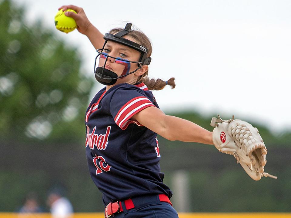 West Central's Addie Seitz piches to a Sterling Newman hitter during the Heat's 1-0 eight inning win over the Sterling Newman Central Catholic Comets in Class 1A sectional semifinal action in Williamsfield on Tuesday, May 24, 2022.