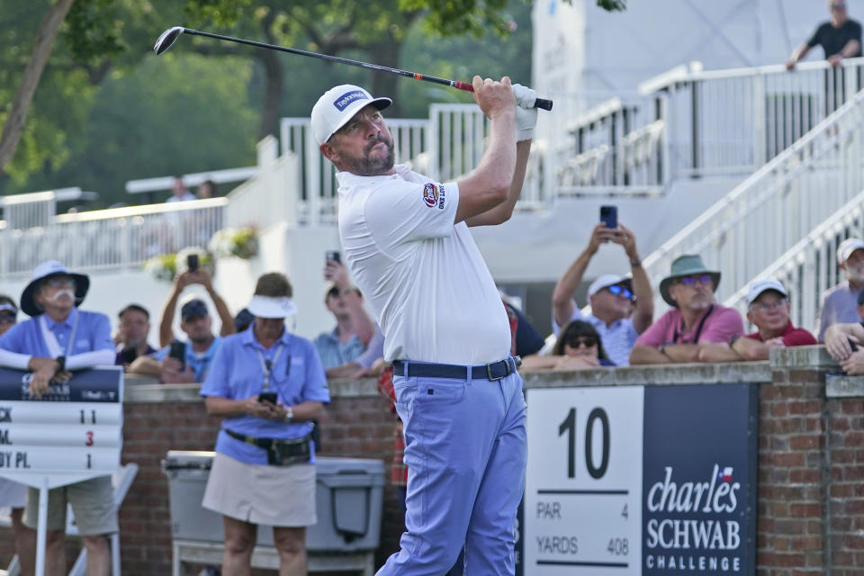 Michael Block watches his tee shot on the 10th hole during the second round of the Charles Schwab Challenge golf tournament at the Colonial Country Club in Fort Worth, Texas, Friday, May 26, 2023. (AP Photo/LM Otero)