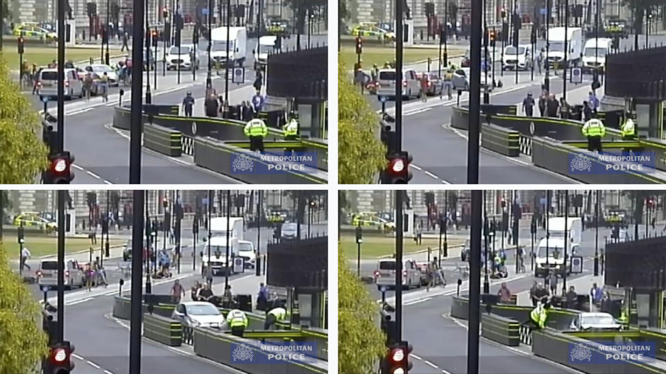 CCTV footage of the moment Salih Khater drove a silver Ford Fiesta at cyclists before crashing into barriers outside the Houses of Parliament (Picture: PA)