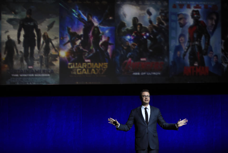 FILE - Dave Hollis, president of theatrical distribution for Walt Disney Studios Motion Pictures, addresses the audience during Disney's presentation at CinemaCon 2018, the official convention of the National Association of Theatre Owners, at Caesars Palace on April 24, 2018, in Las Vegas. Hollis, who left his spot as a Disney executive to join this then-wife Rachel Holis in running her lifestyles empire, which include her bestselling book “Girl, Wash Your Face,” has died at his home in Texas on Sunday, Feb. 12, 2023. He was 47. (Photo by Chris Pizzello/Invision/AP, File)