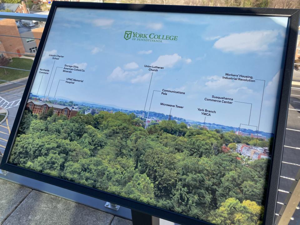 This marker on the Yorkview Hall terrace at York College identifies northwest city landmarks.