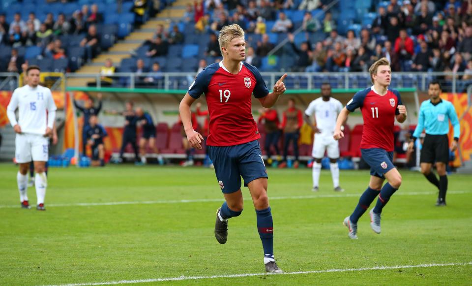 Erling Braut Haaland celebrates one of his nine goals in Norway's 12-0 win.