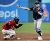 Tampa Bay Rays second baseman Jonathan Aranda throws to first after forcing out Cleveland Guardians' Andres Gimenez at second base but cannot throw out Gabriel Arias at first base during the second inning of a baseball game Thursday, Sept. 29, 2022, in Cleveland. (AP Photo/Ron Schwane)