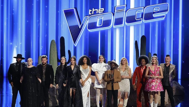 From left to right: Asher HaVon, L. Rodgers, Josh Sanders, Serenity Arce, Maddi Jane, Nadège, Madison Curbelo, Tae Lewis, Karen Waldrup, Nathan Chester, Zoe Levert and Bryan Olesen await the results of top 12 voting. "The Voice" recently revealed its top nine.