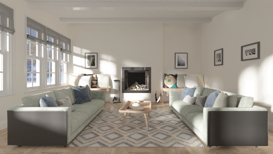 Living room with grey furniture and chevron-patterned rug with walls painted in Valspar's 