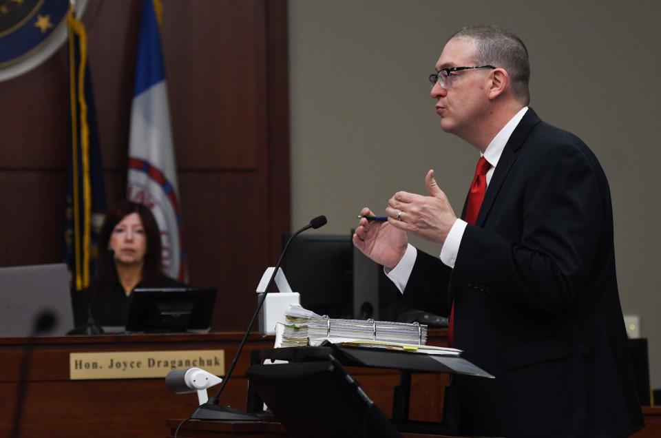 Deputy Chief Assistant Ingham County Prosecutor Bill Crino makes his opening statements to the jury, Tuesday, June 13, 2023, in Joyce Draganchuk's courtroom regarding the murder of Krista Lueth, 34. Her former boyfriend Brad Cournaya is on trial for murder in connection with her presumed death.