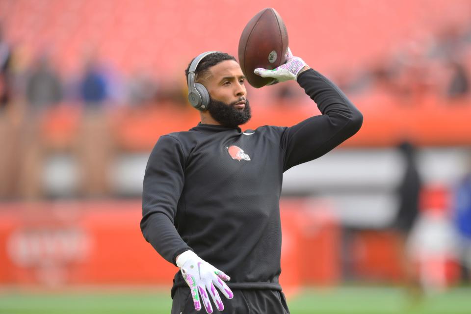 Cleveland Browns wide receiver Odell Beckham Jr. warms-up before an NFL football game against the Pittsburgh Steelers, Sunday, Oct. 31, 2021, in Cleveland.