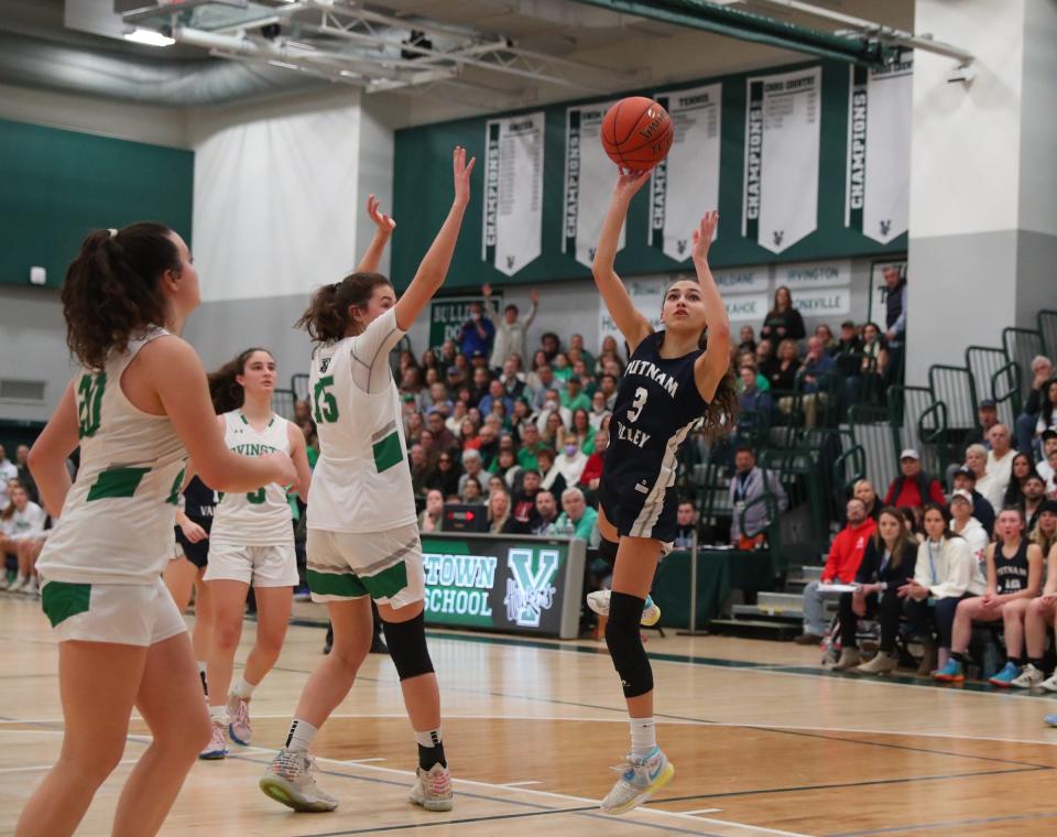 Putnam Valley's Naieliz Torres (3) puts up an off balance shot during the girls Section 1 Class B championship basketball game at Yorktown High School in Yorktown Heights on Saturday, March 5, 2022.
