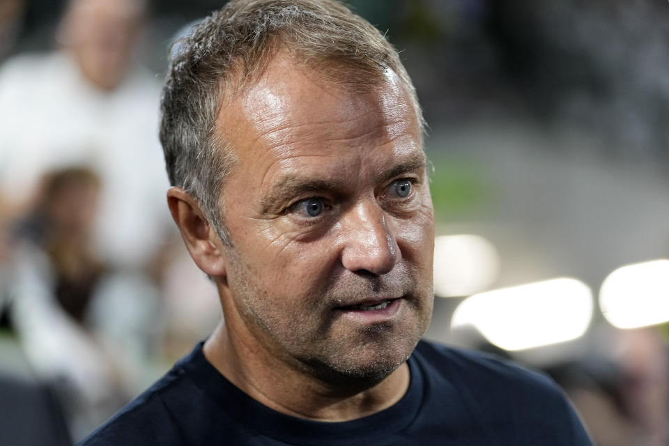 German head coach Hansi Flick is pictured ahead of the international friendly soccer match between Germany and Japan in Wolfsburg, Germany, Saturday, Sept. 9, 2023. Germany lost 1-4, Flick is as head coach under high pressure. (AP Photo/Martin Meissner)