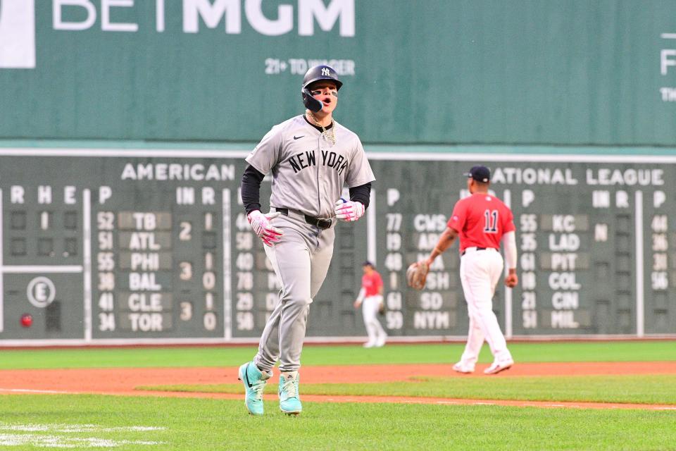 Yankees right fielder Alex Verdugo celebrates his two-run home run against the Red Sox.