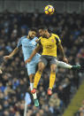 <p>Manchester City’s Gael Clichy and Arsenal’s Theo Walcott, right, battle for the ball during the English Premier League soccer match between Manchester City and Arsenal at the Etihad Stadium in Manchester, England, Sunday, Dec. 18, 2016. (AP Photo/Rui Vieira) </p>