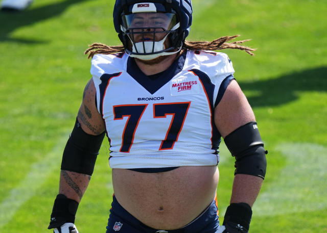 Denver Broncos guard Quinn Meinerz (77) warms up prior to an NFL