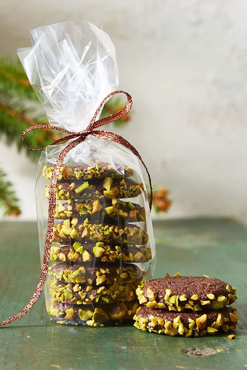 chocolate and pistachio cookies stacked