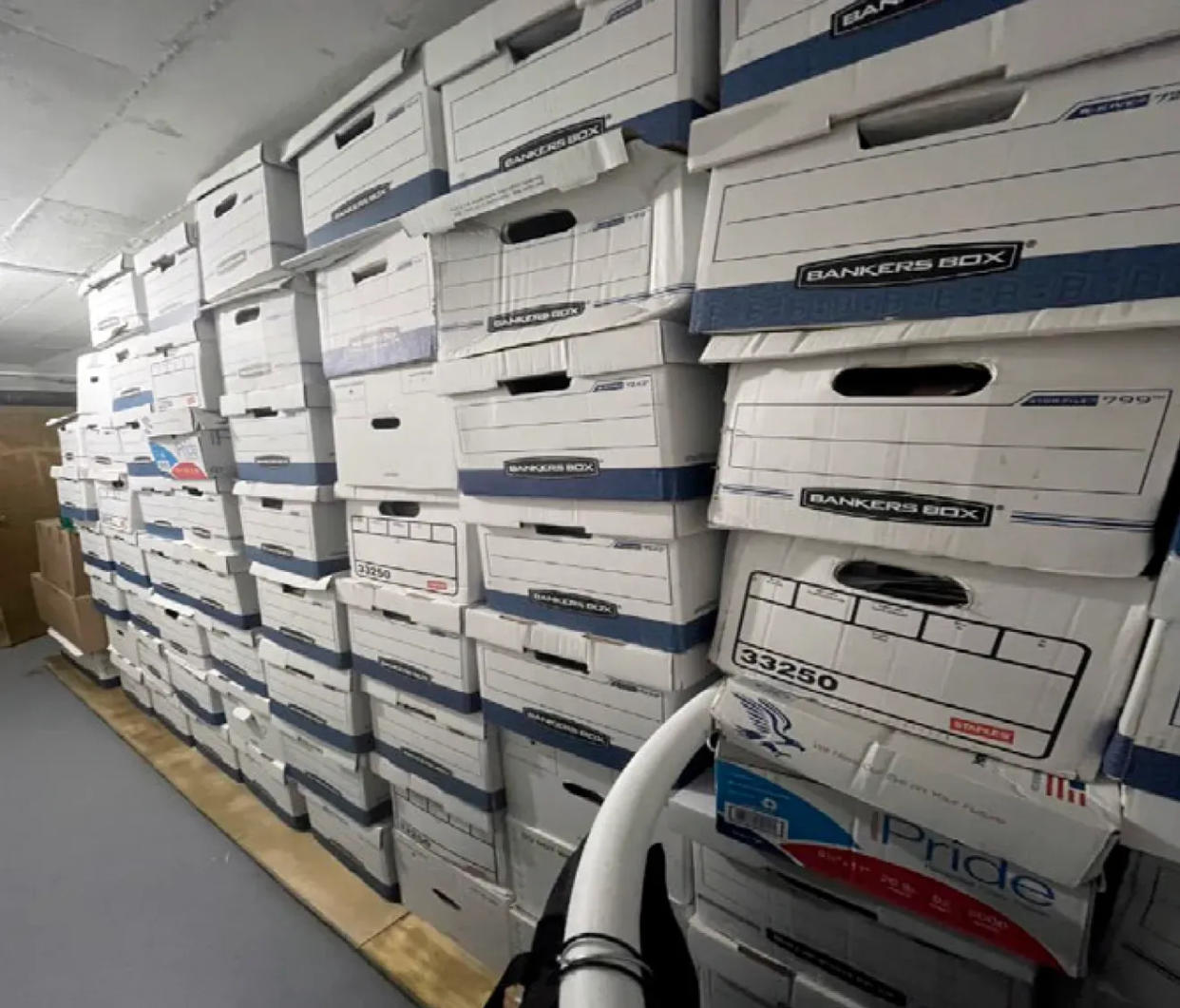 Boxes of U.S. government records are stacked in a storage room at Mar-a-Lago, Donald Trump's estate in Palm Beach. Photo taken in 2021.