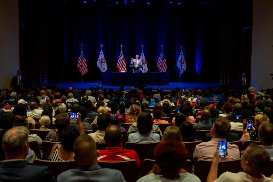 Vice President Kamala Harris speaks before hundreds of supporters to speak out against the Florida State Board of Education's revised standards for teaching Black history on Friday at the Ritz Theatre and Museum in Jacksonville.