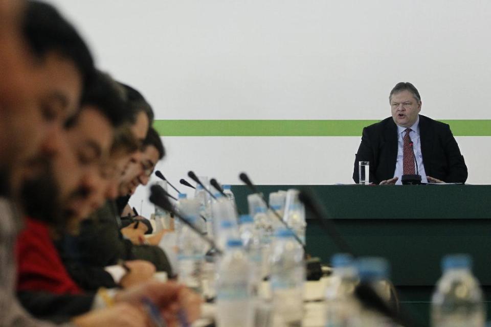 Greek Finance Minister Evangelos Venizelos speaks during a news conference in Athens, on Thursday, March 15, 2012. Venizelos said that he will ensure the country's commitments to international creditors are honored if he is part of the new government after general elections, expected in late April or early May.Venizelos is the only contender for the leadership of the majority socialist PASOK party in a vote this Sunday. Once he takes over the party helm, he will resign as minister to focus on the election campaign. (AP Photo/Petros Giannakouris)