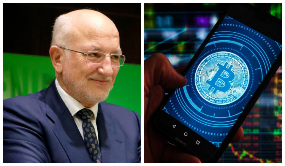 Juan Roigr durante la presentación de resultados de Mercadona; foto ilustración de un logo de Bitcoin en un smartphone. (Fuentes: REUTERS/Heino Kalis; Omar Marques/SOPA Images/LightRocket vía Getty Images)