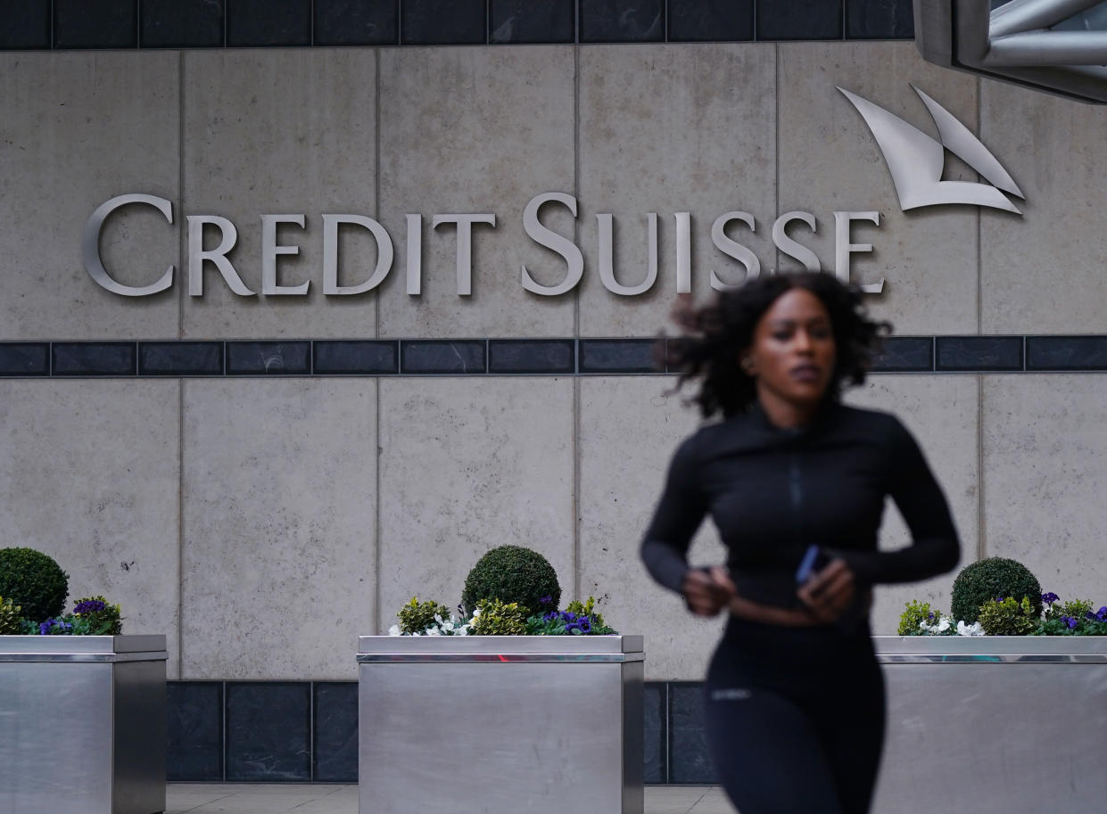 FTSE A view of the Credit Suisse UK offices in Canary Wharf, London. The Bank of England will be under close scrutiny on Thursday when it decides whether or not to push interest rates even higher, after the stability of the global banking sector has been thrown into question.Picture date: Sunday March 19, 2023. (Photo by Yui Mok/PA Images via Getty Images)