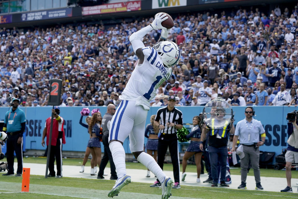 Indianapolis Colts wide receiver Parris Campbell catches a touchdown pass during the second half of an NFL football game against the Tennessee Titans Sunday, Oct. 23, 2022, in Nashville, Tenn. (AP Photo/Mark Humphrey)