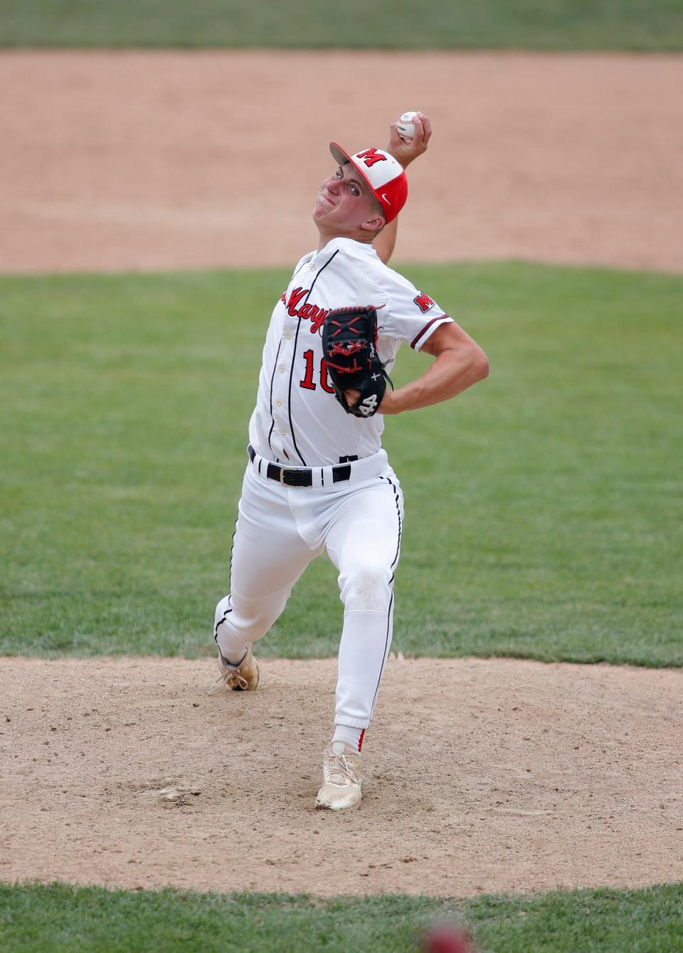 Orchard Lake St. Mary's Brock Porter pitches against New Boston Huron, Friday, June 18, 2021, at McLane Stadium in East Lansing.