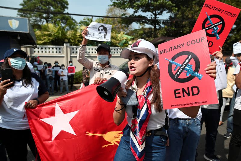 Demonstrators protest in front of Russian embassy against the military coup, in Yangon
