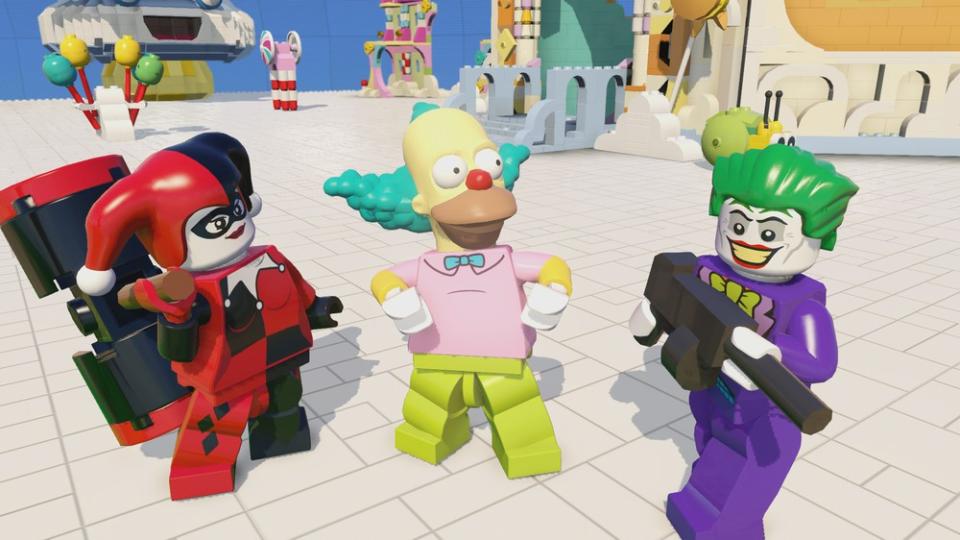 Mit den entsprechenden Erweiterungspacks tauchen auch spielbare Charaktere wie die hier zu sehenden Harley Quinn, Krusty und der Joker (v.l.) im Game auf