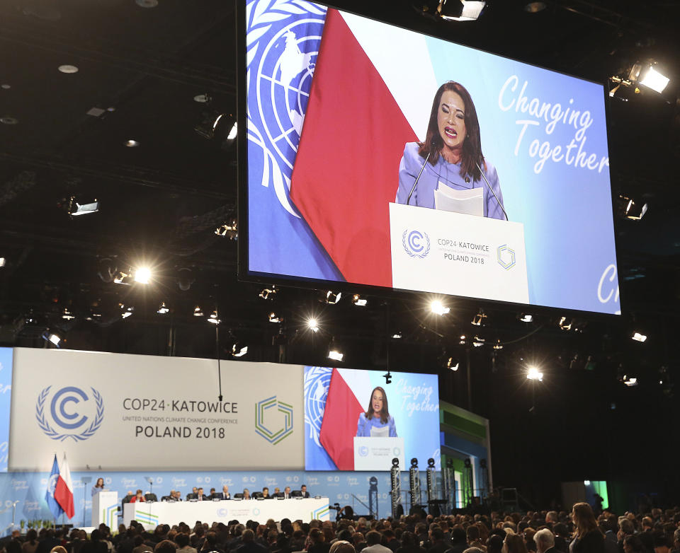 President of the UN General Assembly Maria Fernanda Espinosa Garces speaks during the opening of COP24 UN Climate Change Conference 2018 in Katowice, Poland, Monday, Dec. 3, 2018.(AP Photo/Czarek Sokolowski)