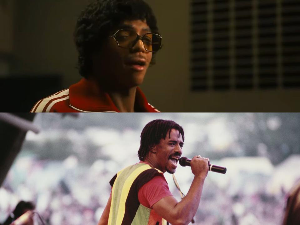Davo in "Bob Marley: One Love" (top) and the real Junior Marvin.