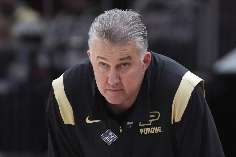 FILE - Purdue head coach Matt Painter watches during the second half of an NCAA semifinal basketball game against Ohio State at the Big Ten men's tournament, Saturday, March 11, 2023, in Chicago. Kansas is the preseason No. 1 in the AP men's college basketball poll, released Monday, Oct. 16, 2023. The Jayhawks received 46 of 63 first-place votes to outdistance second-place Duke and third-place Purdue. (AP Photo/Erin Hooley, File)