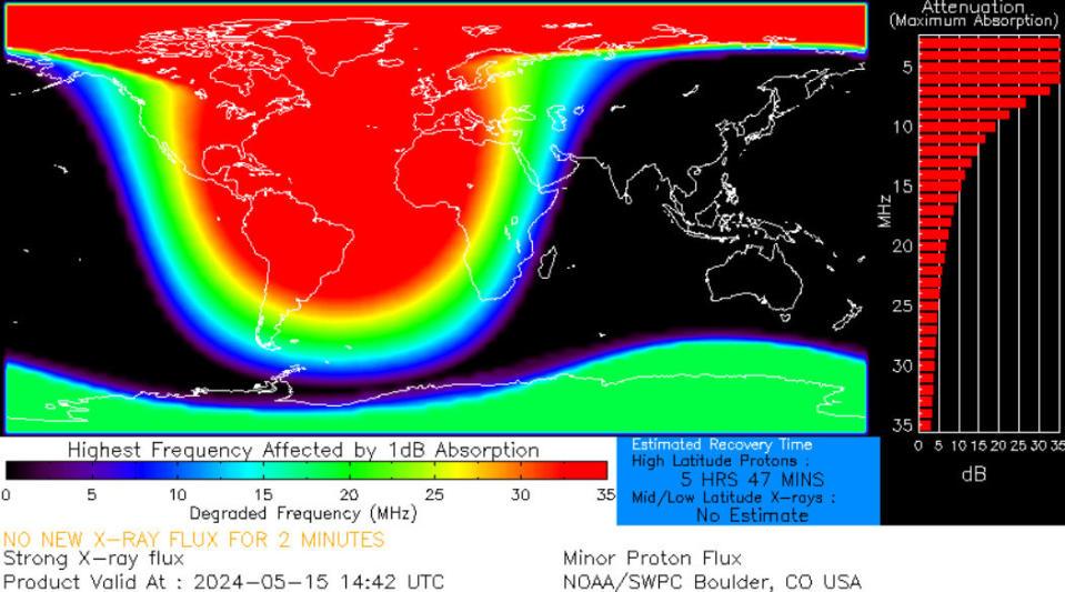 a flat map of earth with a rainbow blob hanging over the western hemisphere, mostly red.