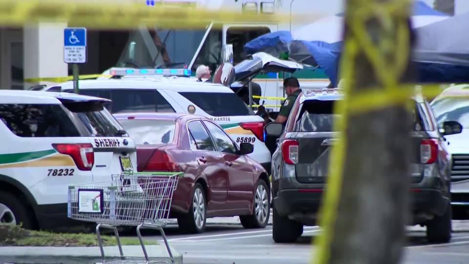 Law enforcement respond to a shooting at a Publix supermarket in South Florida on Thursday, June 10, 2021, as seen in this video screengrab. / Credit: CBS affiliate WPEC-TV