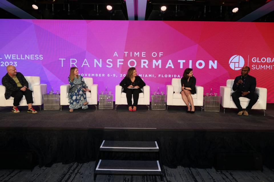 Travelers are demanding more wellness programs during their​ hotel stays, according to executives from Hilton, Marriott International, Hyatt Hotels and Accor who spoke during the Global Wellness Summit 2023 on Thursday, Nov. 9, 2023 in Miami, Florida. (Pictured left to right) Emlyn Brown, global vice president of wellbeing for Accor; Catherine Flint, senior director of Global Brand Management for Marriott International; Amanda Al-Masri, vice president of wellness for Hilton; and TJ Abrams, vice president of global wellbeing experiences for Hyatt Hotels.