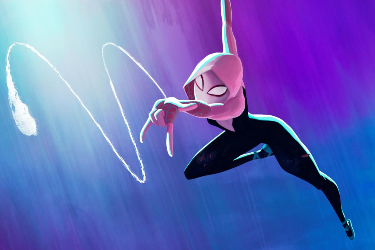  Spider-Gwen swinging from a web across and blue-and-pink background in Spider-Man: Across The Spider-Verse 