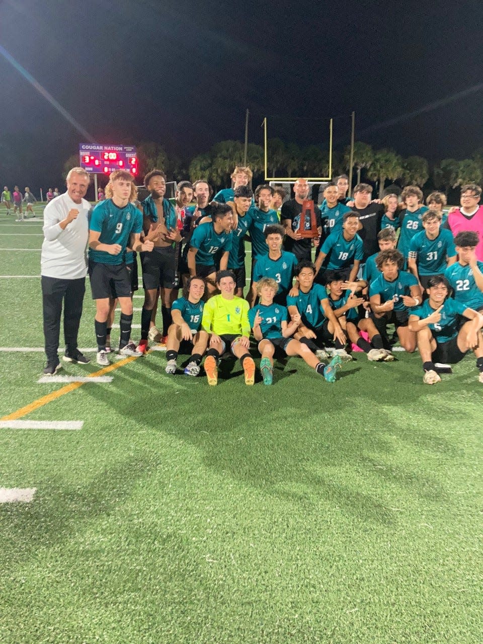 Jensen Beach boys soccer celebrates its district championship win over American Heritage-Delray on Jan. 31, 2023.