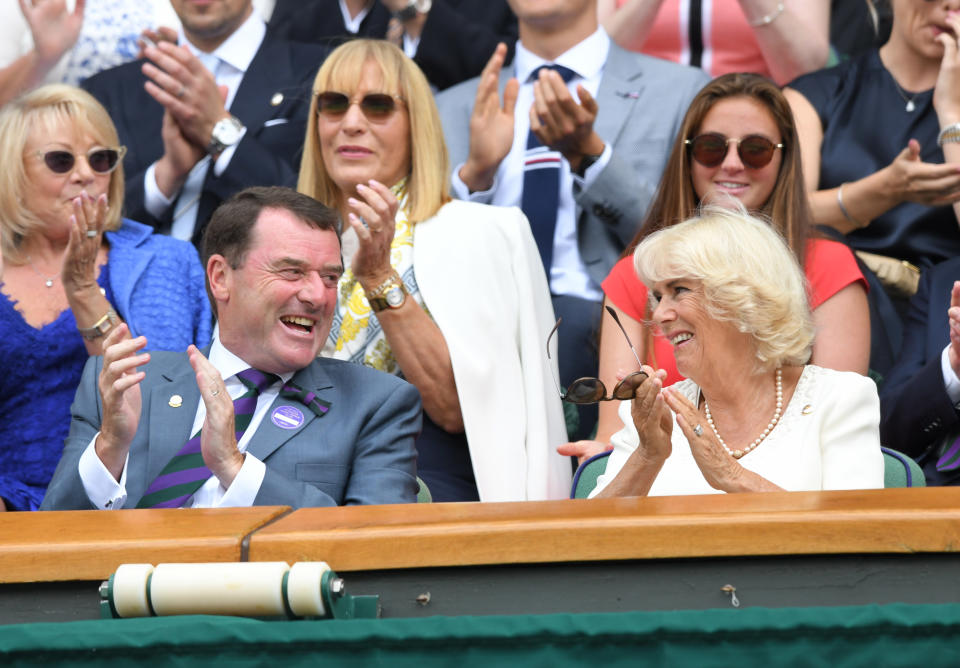 Camilla was happy to chat to other spectators at Wimbledon. Photo: Getty
