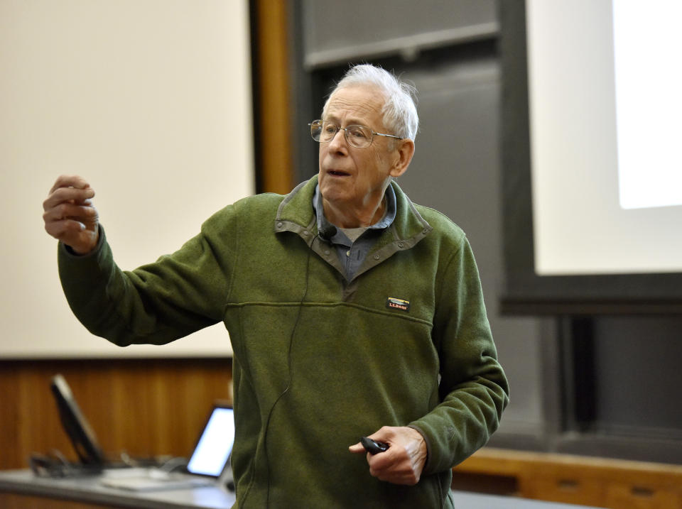 In this 2016 photo provided by Princeton University, James Peebles speaks at the 43rd annual Donald R. Hamilton Lecture, at the university in Princeton, N.J. Peebles was among three scientists who won the 2019 Nobel Prize in Physics on Tuesday, Oct. 8, 2019, for their work in understanding how the universe has evolved, and the Earth's place in it. The prize was given to Peebles "for theoretical discoveries in physical cosmology" and the other half jointly to Michel Mayor and Didier Queloz "for the discovery of an exoplanet orbiting a solar-type star." (Mark Czajkowski/Princeton University via AP)