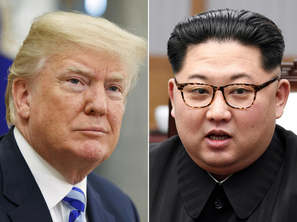 FILE - This combination of file photos, show U.S. President Donald Trump, left, in the Oval Office of the White House in Washington on May 16, 2018, and North Korean leader Kim Jong Un in a meeting with South Korean leader Moon Jae-in in Panmunjom, South Korea, on April 27, 2018. Kim on Saturday, Oct. 3, 2020 sent a message of sympathy to Trump and his wife Melania, wishing they would recover from the COVID-19 illness, state media reported. (AP Photo/Evan Vucci, Korea Summit Press Pool via AP, File)