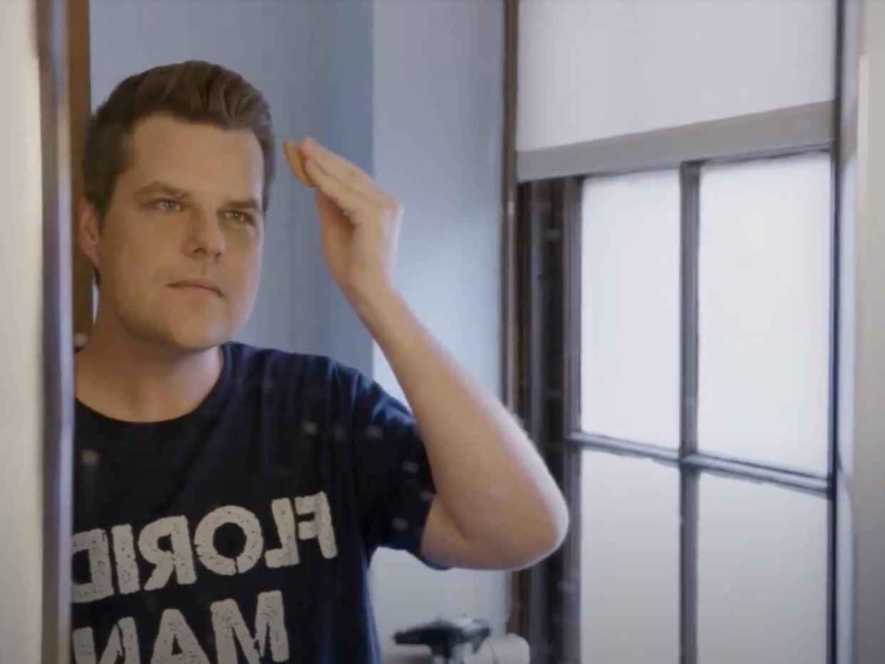 Florida Representative Matt Gaetz puts makeup before TV interviews at the Capitol in the HBO documentary “The Swamp”.  (The Swamp, HBO)