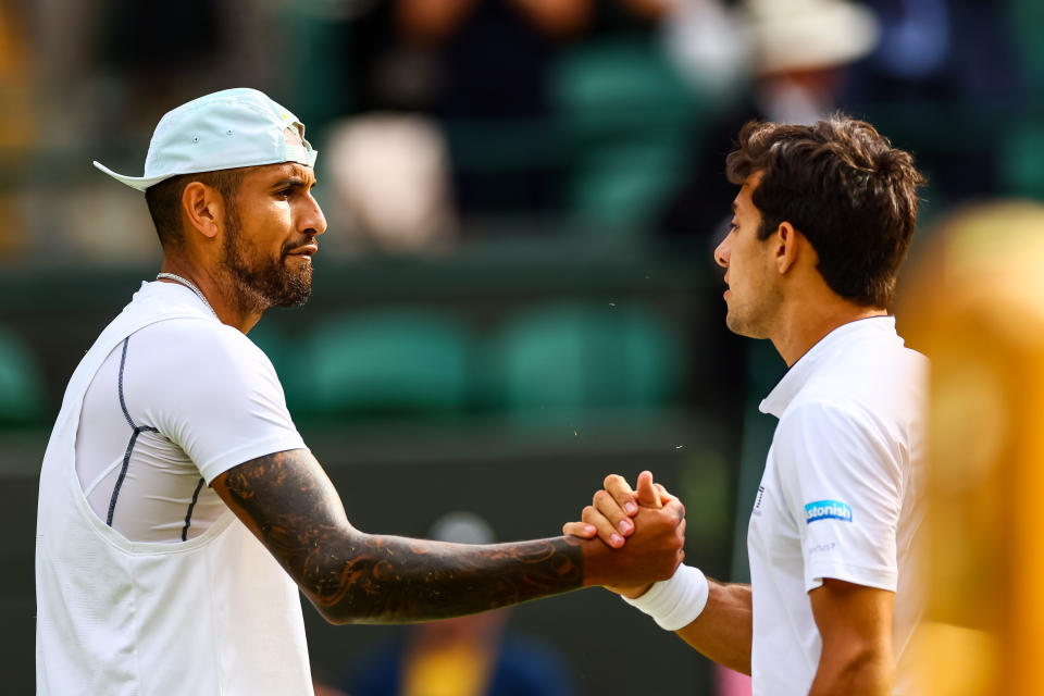 Nick Kyrgios and Cristian Garin, pictured here at the net after their match at Wimbledon.