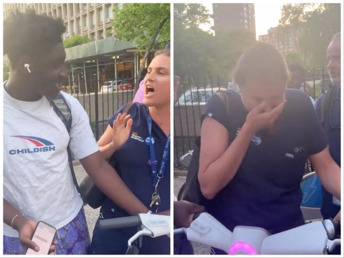 The unnamed woman argues with a young Black man over a rental bike before seeming to start crying when a bystander approaches.