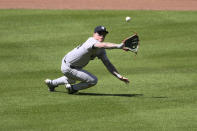 New York Yankees left fielder Alex Verdugo prepares to make a catch on a sacrifice fly by Baltimore Orioles' Jorge Mateo during the fifth inning of a baseball game, Thursday, May 2, 2024, in Baltimore. (AP Photo/Nick Wass)