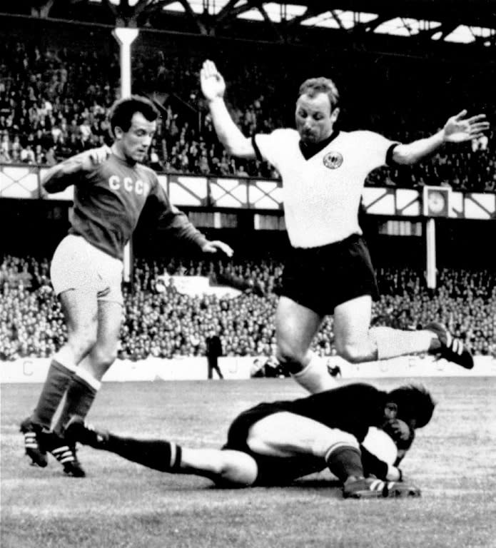 West Germany forward Uwe Seeler (right) in action against the USSR at the 1966 World Cup in England