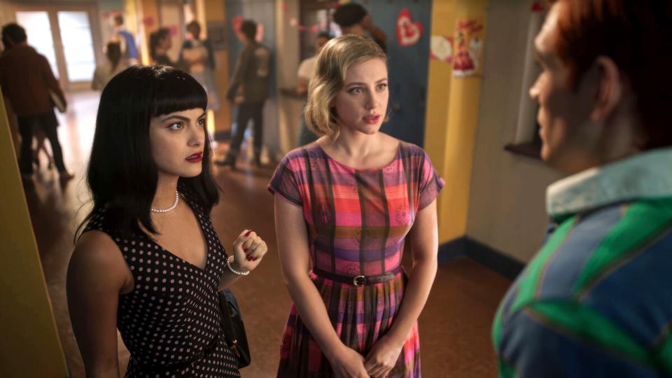 RIVERDALE, from left: Camila Mendes, Lili Reinhart, KJ Apa, 'Chapter One Hundred Twenty-Two: Tales in a Jugular Vein', (Season 7, ep. 705, aired Apr 26, 2023). photo: ©The CW Network / Courtesy Everett Collection