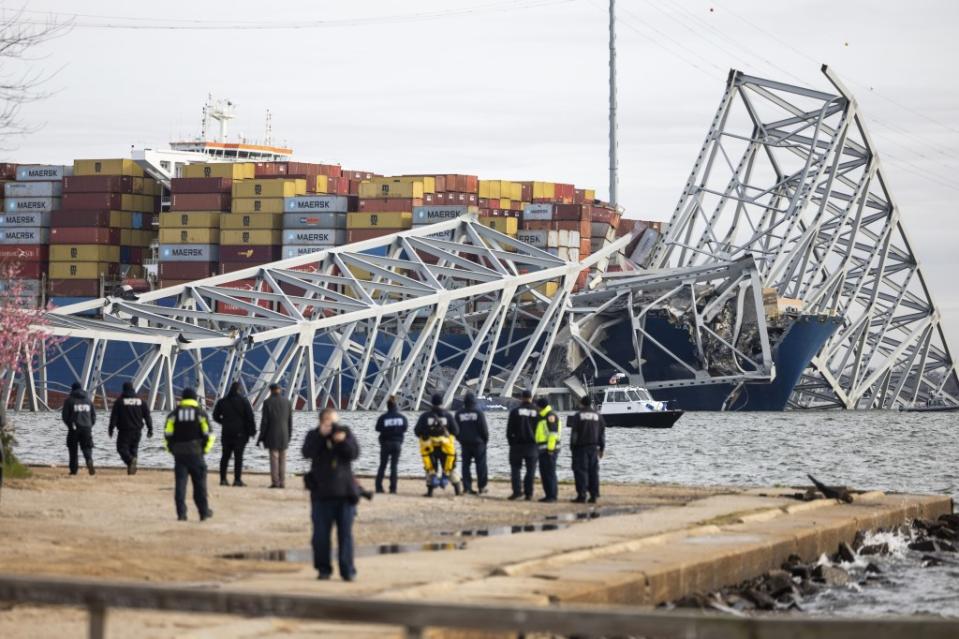 The Francis Scott Key Bridge collapsed into the Patapsco River in Baltimore early Monday morning after a collision. JIM LO SCALZO/EPA-EFE/Shutterstock
